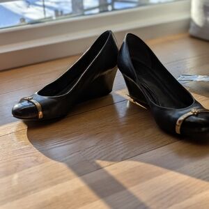Tory Burch Black Wedge Shoes with Gold Accents